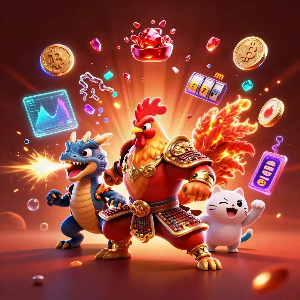 Rooster warrior, dragon hatchling, and fortune cat amid neon coins, sparks, and casino energy.