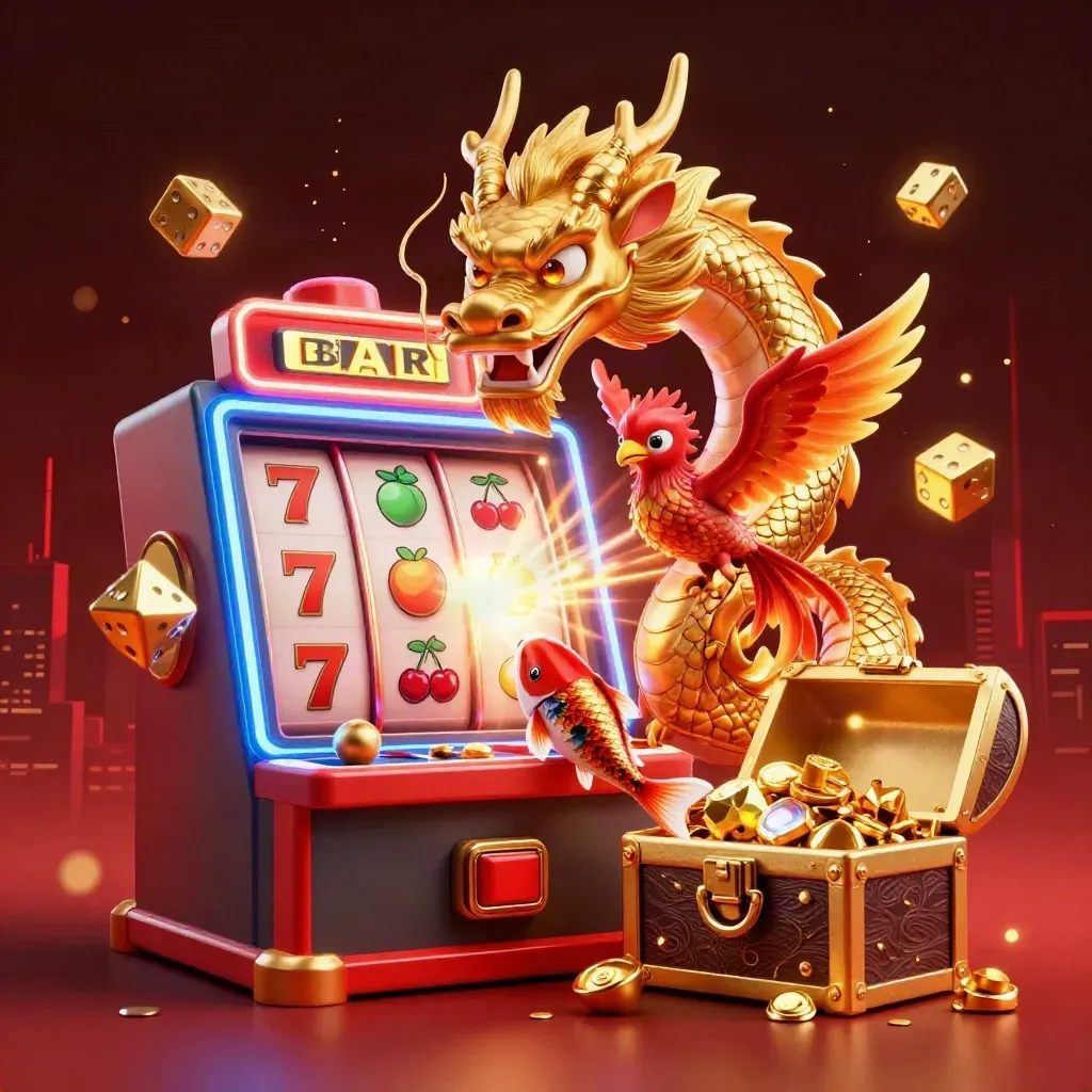 Golden dragon, phoenix and koi explode from a jackpot slot machine in neon red casino fantasy.