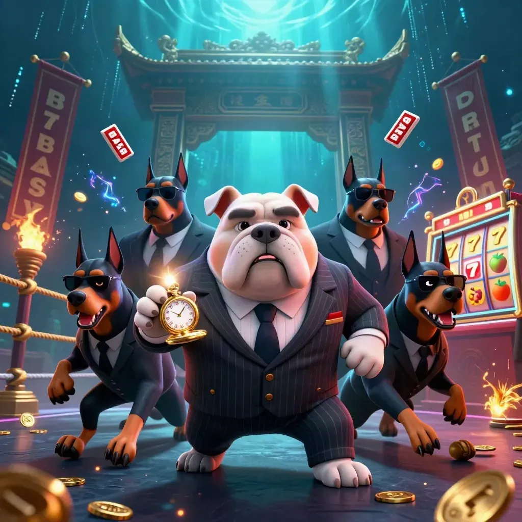 Bulldog boss and Doberman guards burst through neon casino chaos in a dark teal glow.