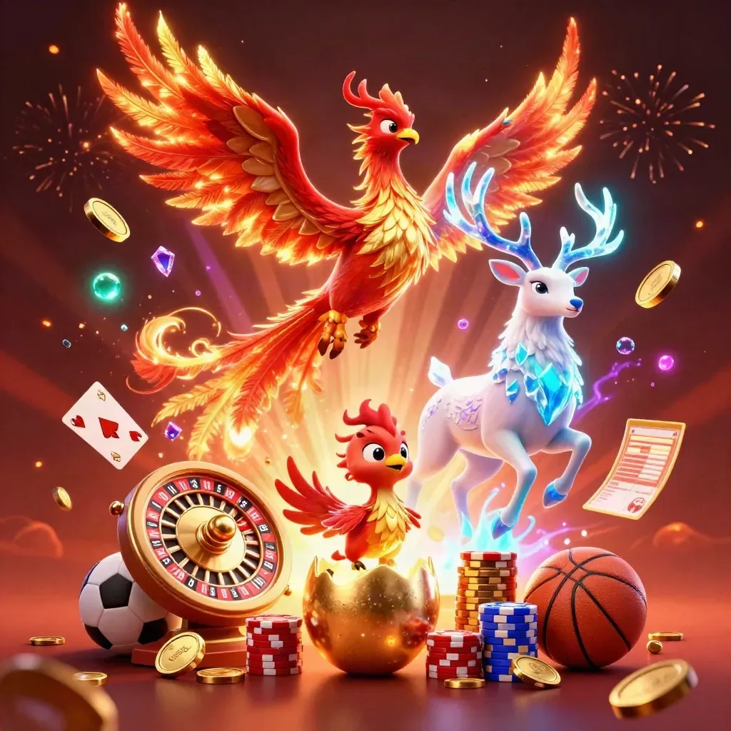 Fire phoenix, hatching baby phoenix, crystal stag amid coins, gems, chips, and casino energy.