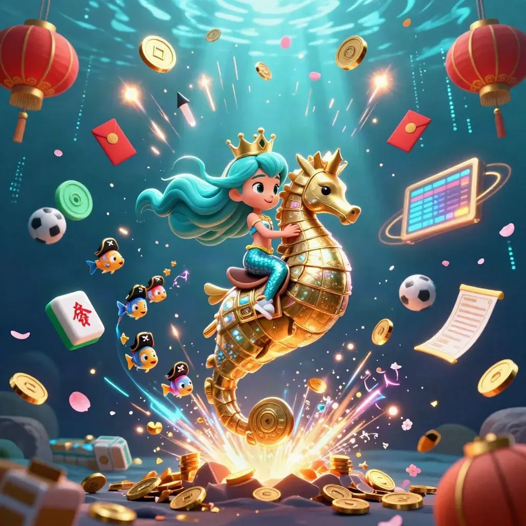 Mermaid princess on armored seahorse amid coins, lanterns, fireworks, and esports symbols underwater.