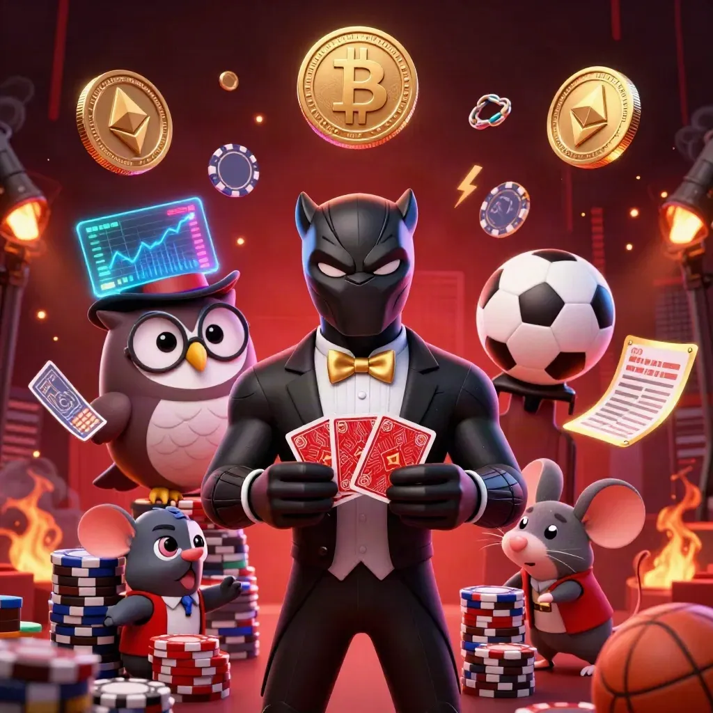 Panther, owl and mouse celebrate amid exploding coins, neon lightning and casino-style glow.