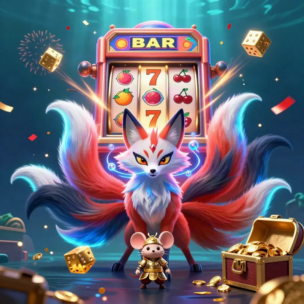 Neon fox spirit with armored mouse amid jackpot slots, gold, and glowing underwater effects