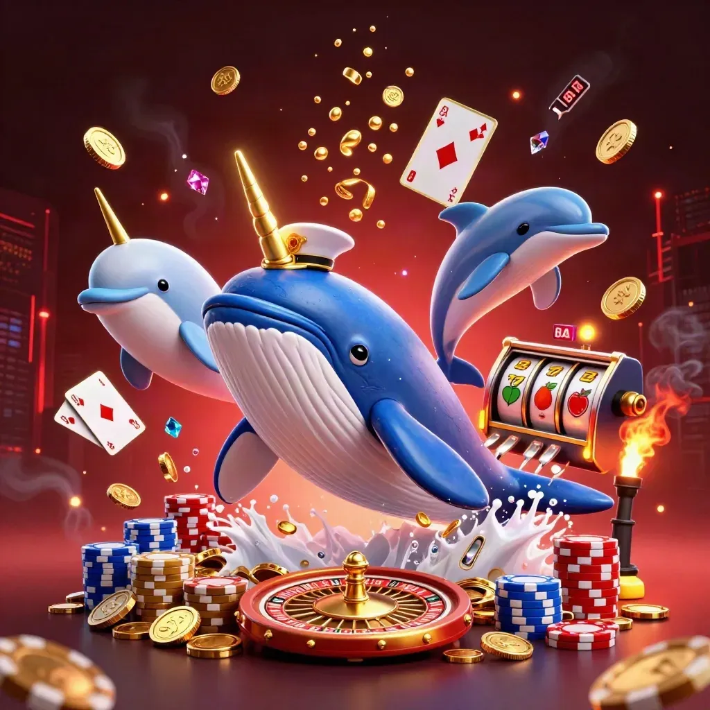 Whale captain, narwhal, and dolphins blasting through coins with casino symbols and neon lighting.