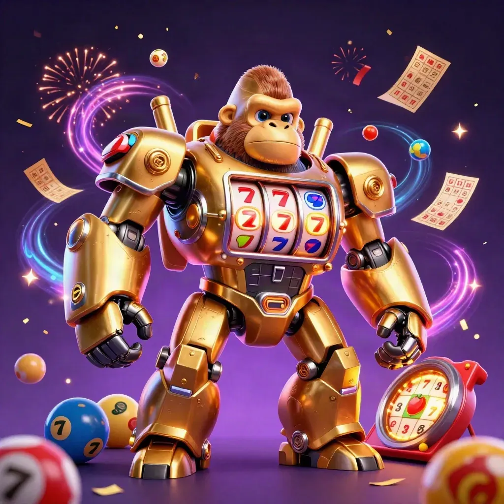 Golden gorilla slot mech with monkey pilot, fireworks, reels, and casino symbols