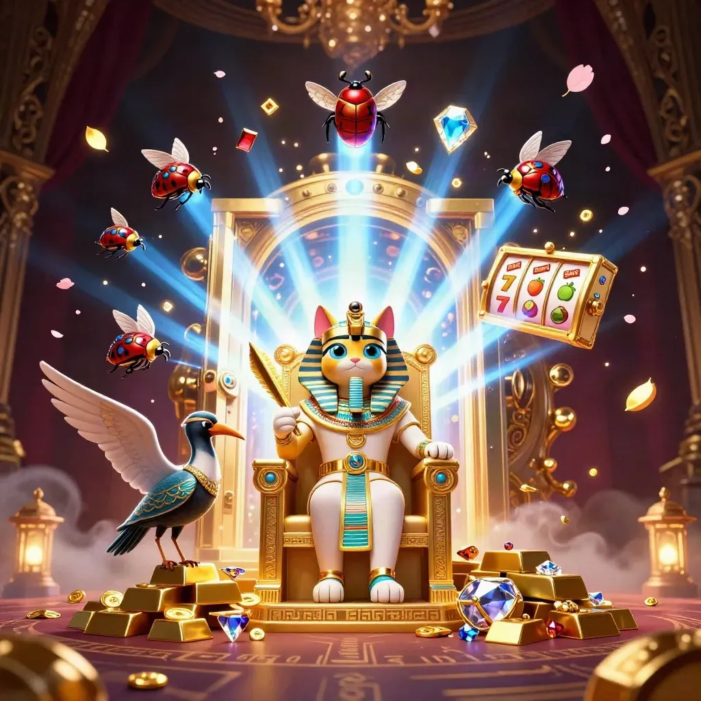 Pharaoh cat on throne with ibis scribe, scarabs, vault door, gold, and neon casino effects.