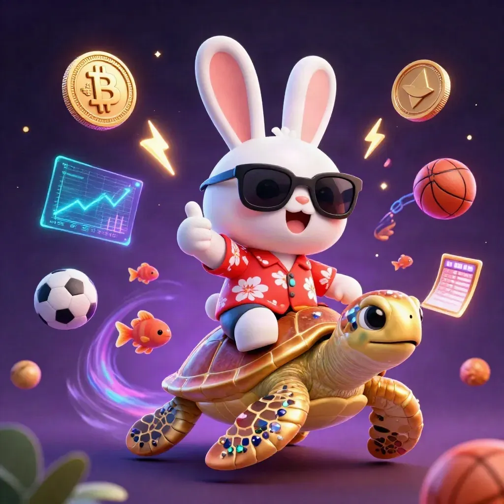 Lucky rabbit rides a golden sea turtle amid neon coins, sparks, and esports icons