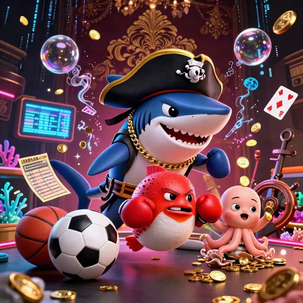 Pirate shark, boxing pufferfish, and juggling octopus amid casino sports icons and gold coins