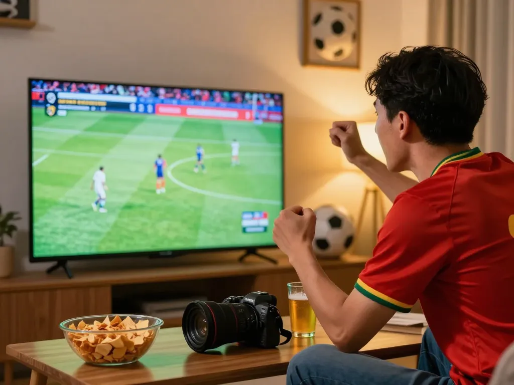 Football fan celebrating while watching lương sơn tv live match on high-definition screen.