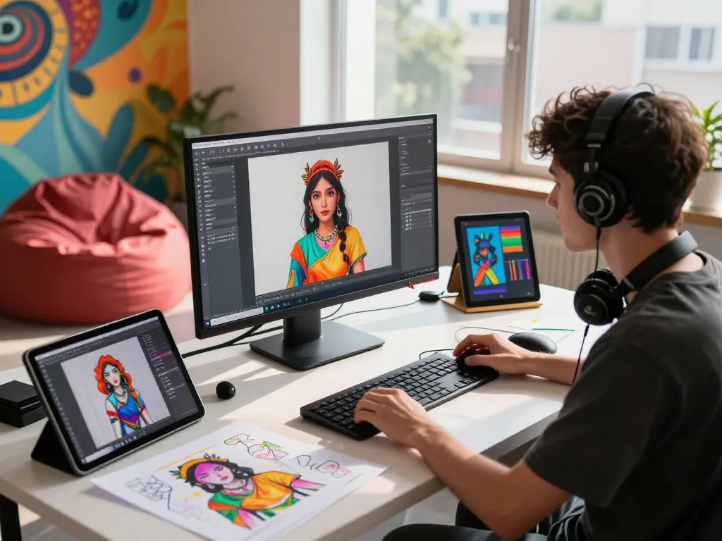 Creative studio scene with artist designing ai nsfw imagery using digital tools