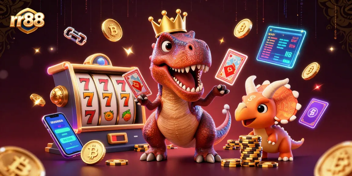 Engage with rr88's excitement as T-Rex and friends shuffle cards and stack chips in a digital casino setting.