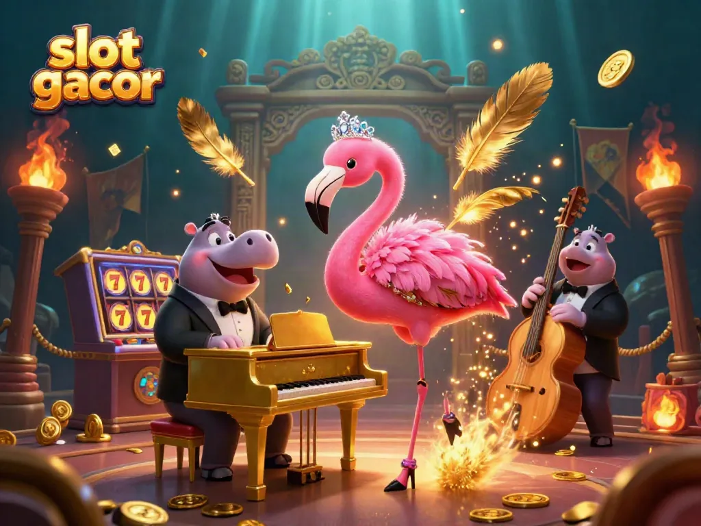 Ilustrasi kasino 3D yang menunjukkan slot gacor dengan karakter flamingo dan hippo, dikelilingi oleh elemen permainan.