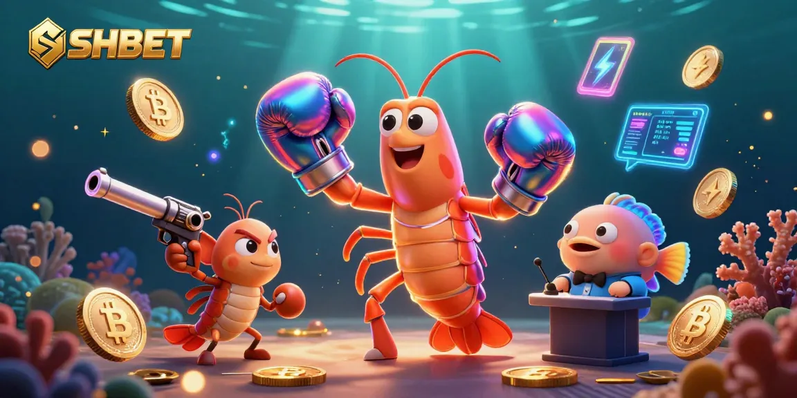 Engage in SHBET's vibrant casino world with animated sea creatures amidst glowing crypto elements.