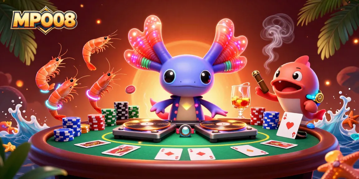 Win big with MPO08 as the neon-colored axolotl DJ spins on a vibrant casino scene.