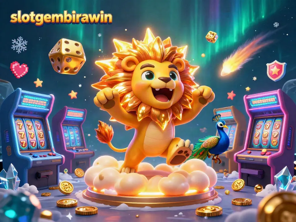Experience slotgembirawin with thrilling gameplay, featuring a roaring lion and vibrant casino elements.