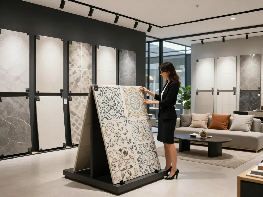 Elegant Sunvin ceramic tile showroom featuring premium tiles with a designer examining samples, showcasing luxurious home design elements.