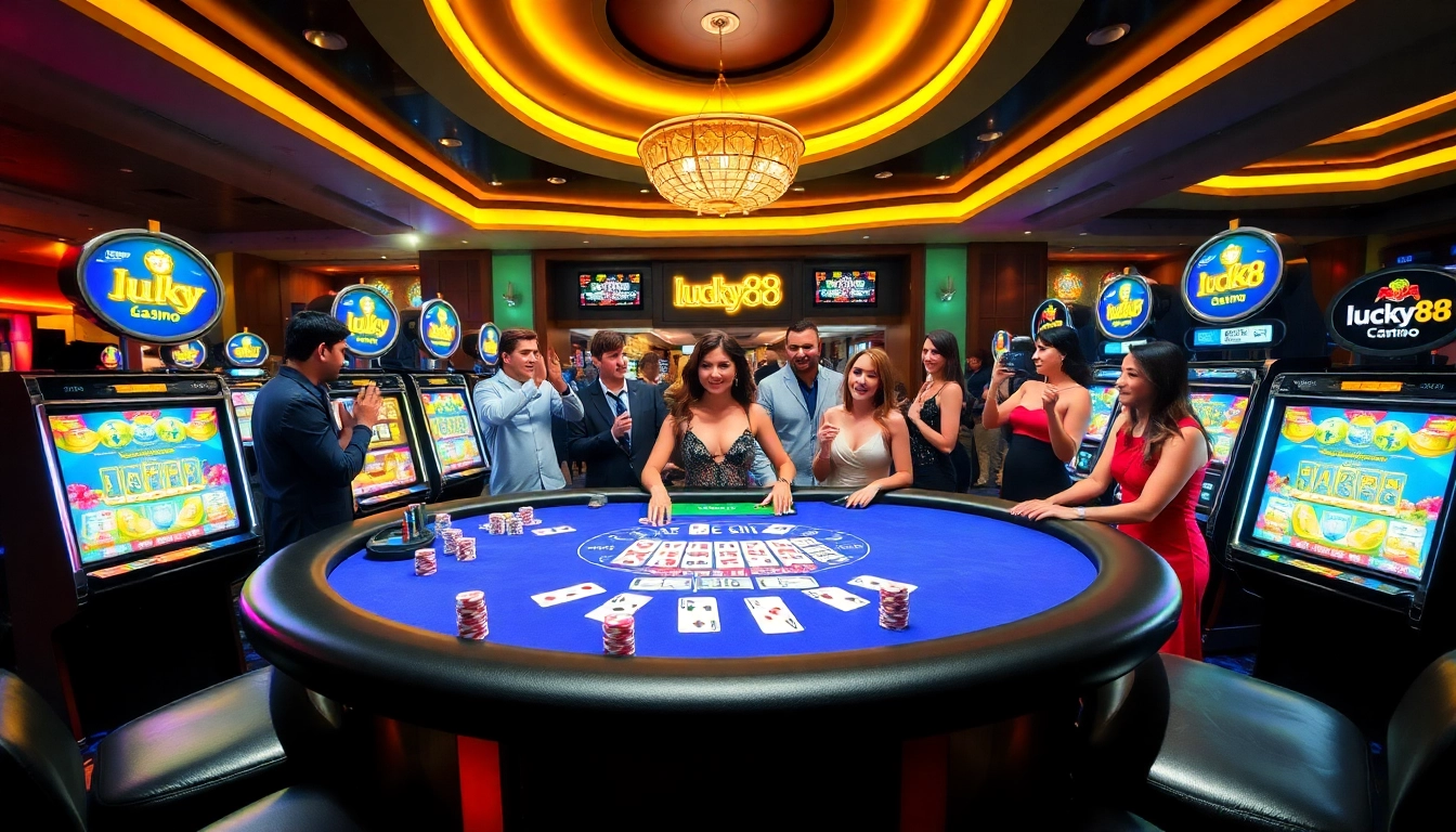 Players engaging in thrilling games at lucky88 casino, featuring blackjack and vibrant slot machines.