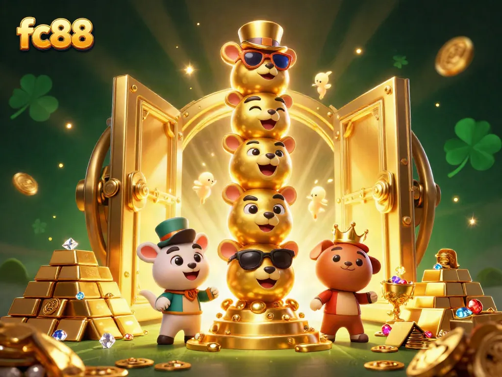 Spin the reels at fc88 with captivating 3D illustrations of golden treasures and vibrant casino elements.