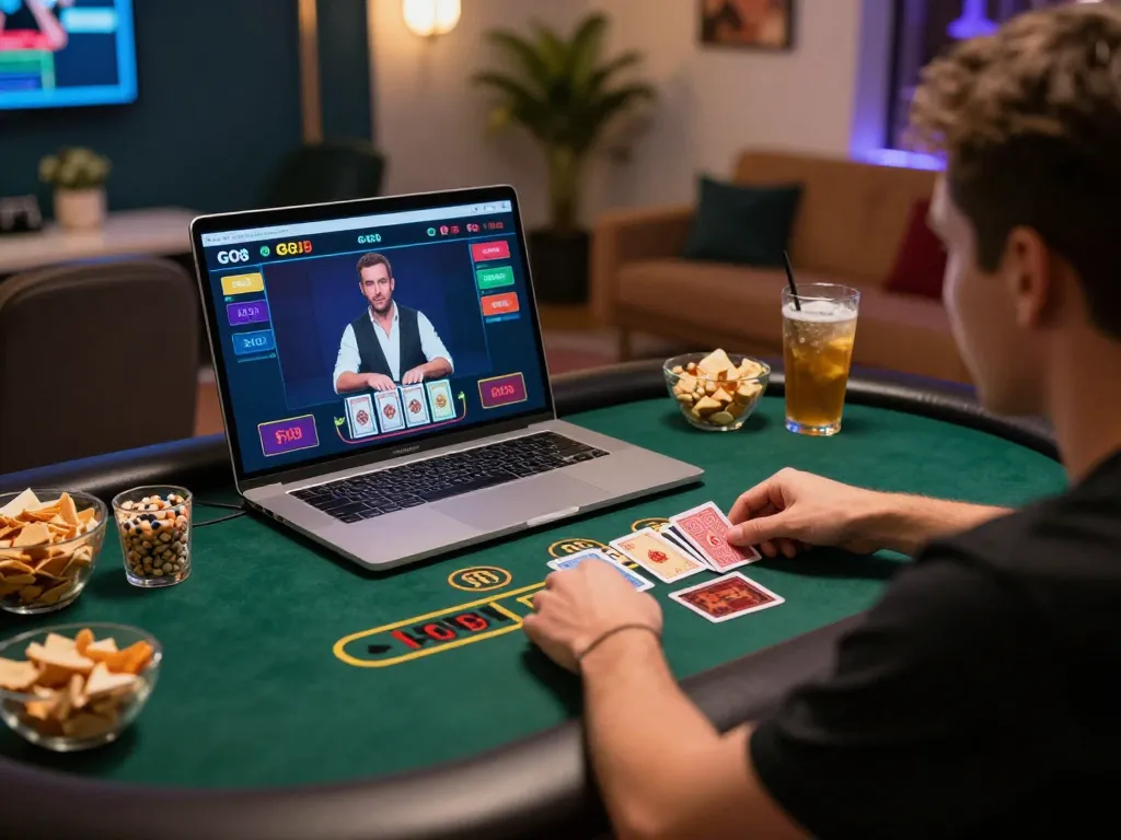 GO8 online casino player engaging with live blackjack game at home, showcasing a vibrant gaming atmosphere.