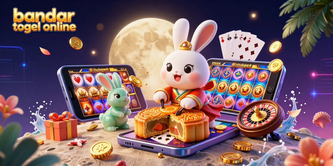 Engage with bandar togel online through this vibrant scene featuring a moon rabbit, poker chips, and dynamic gaming elements.