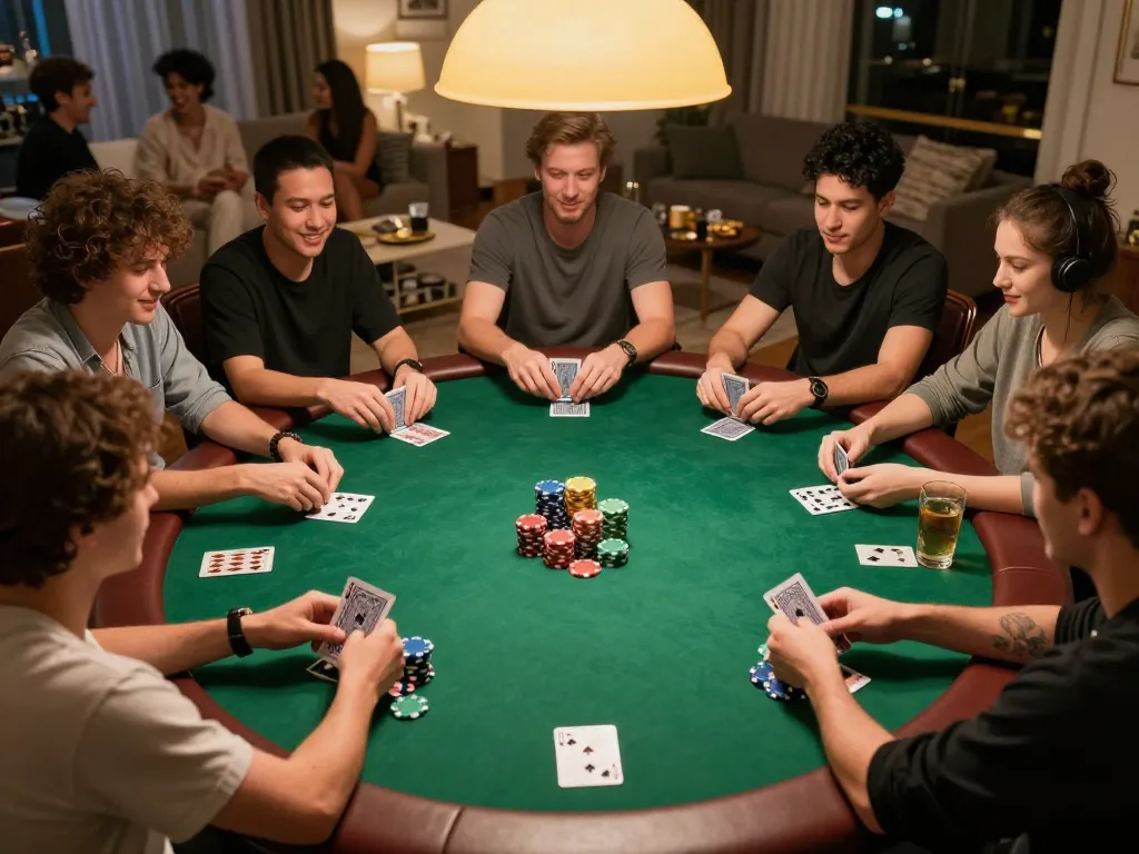 SUNWIN games during a lively poker night at home, showcasing players' strategic gameplay and vibrant atmosphere.