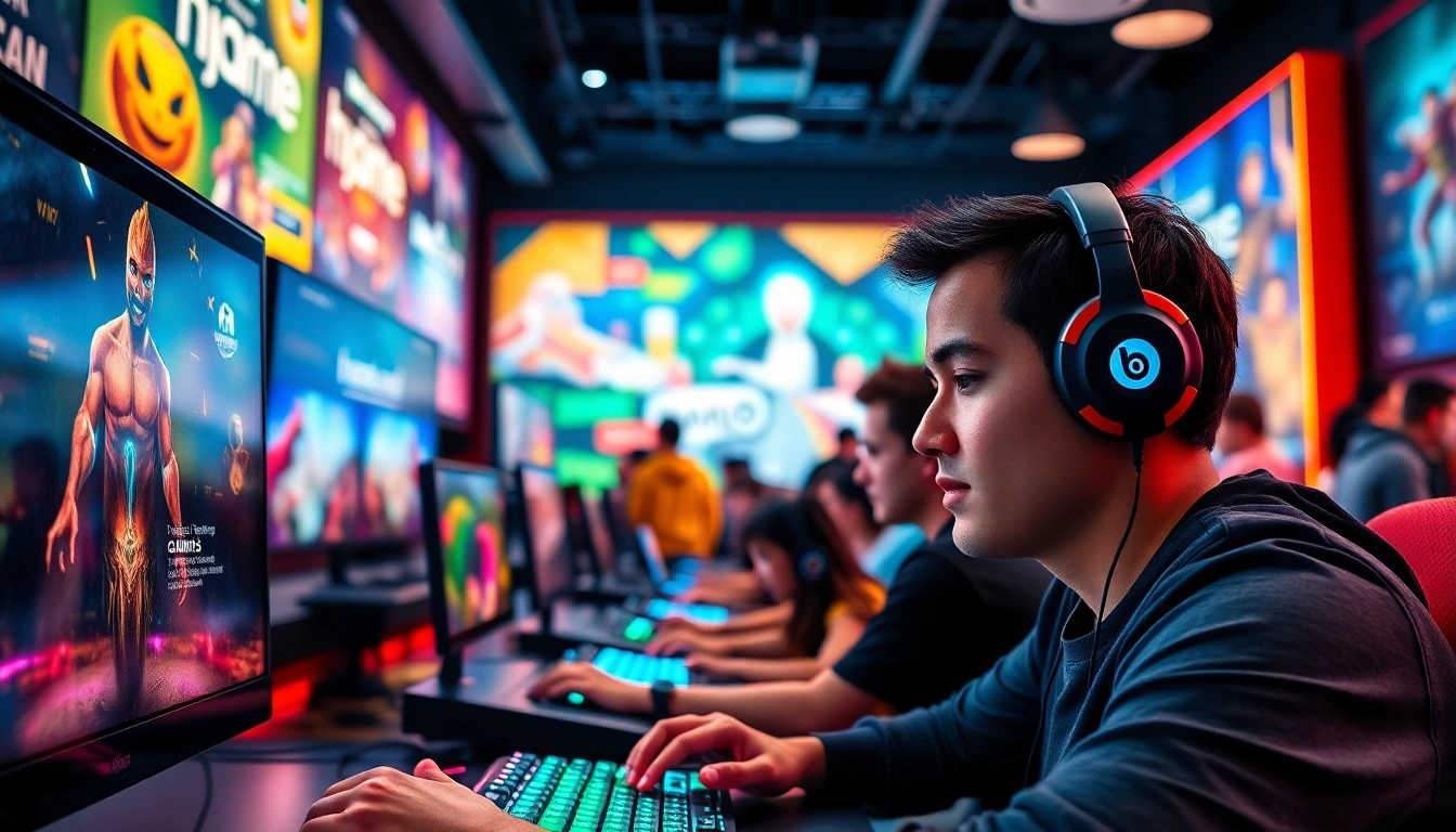 Higame em um ambiente de jogos dinâmico, destacando jogadores envolvidos com telas interativas.