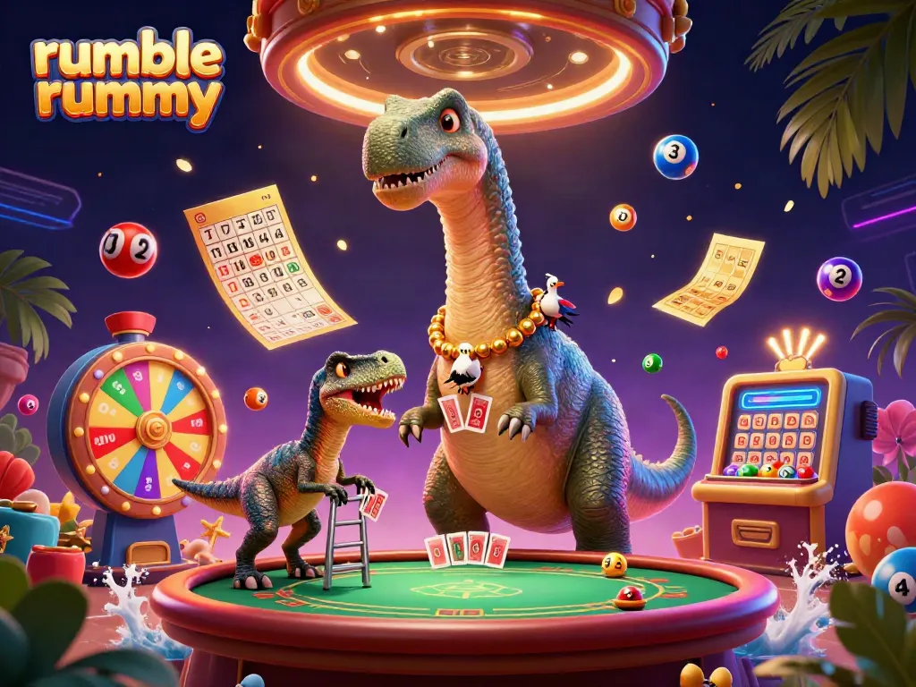 Experience thrilling Rumble Rummy gameplay with vibrant visuals of a dinosaur-themed casino scene.