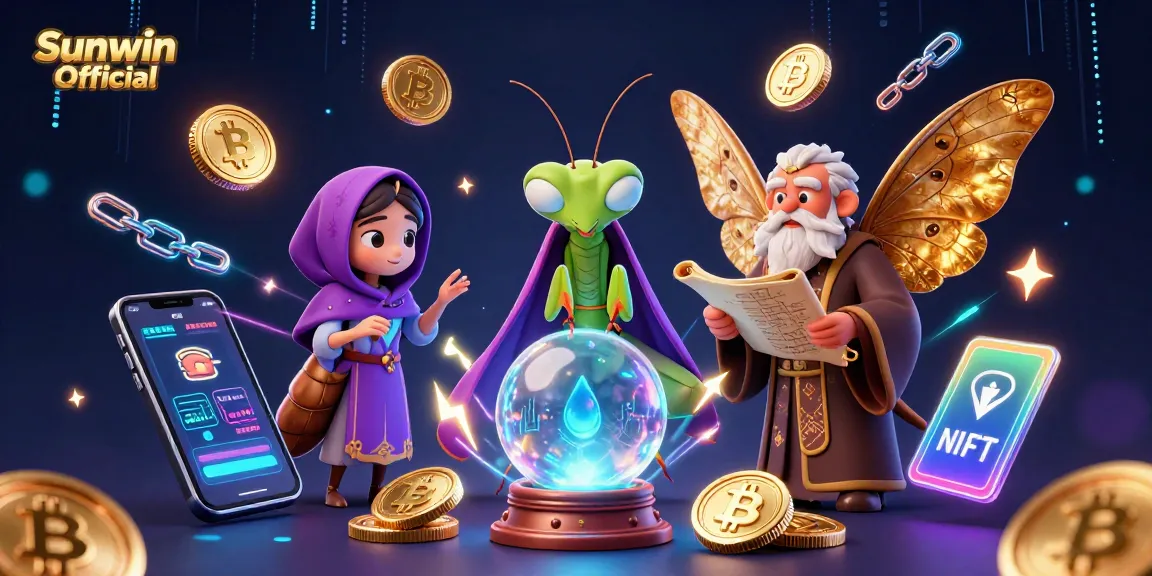 Engage with Sunwin Official's vibrant 3D casino scene showcasing crypto elements and mystical characters.