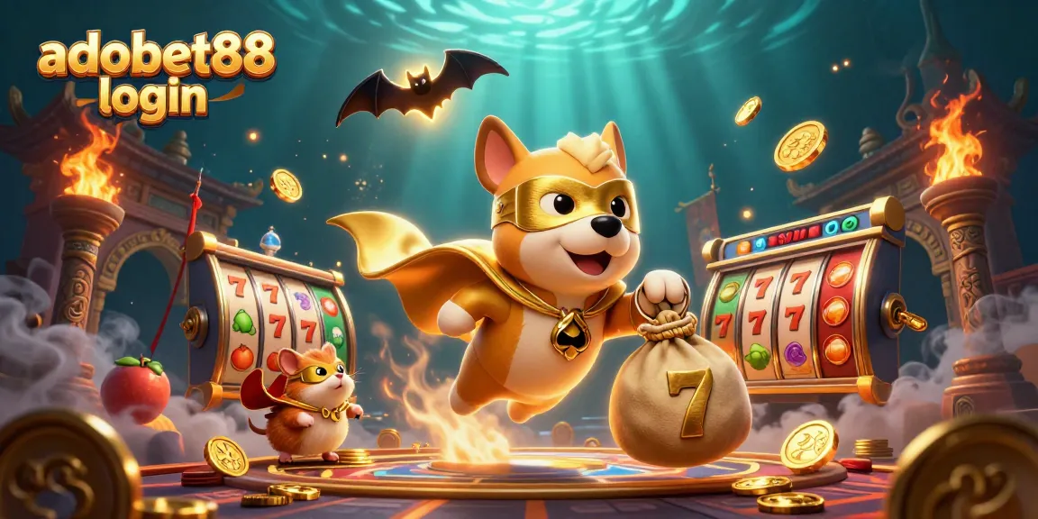 Join the action with adobet88 login featuring a superhero dog and hamster amid slot reels and golden coins!