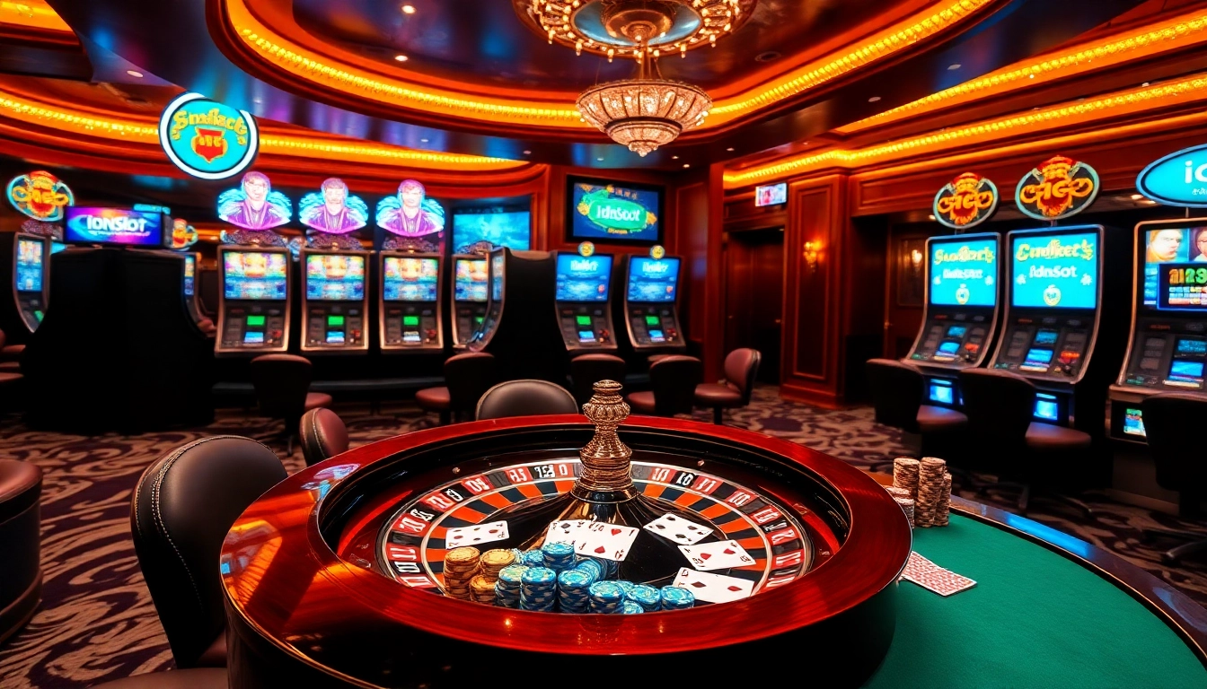 Engaging gambling scene highlighting idnslot with vibrant slot machines and roulette.