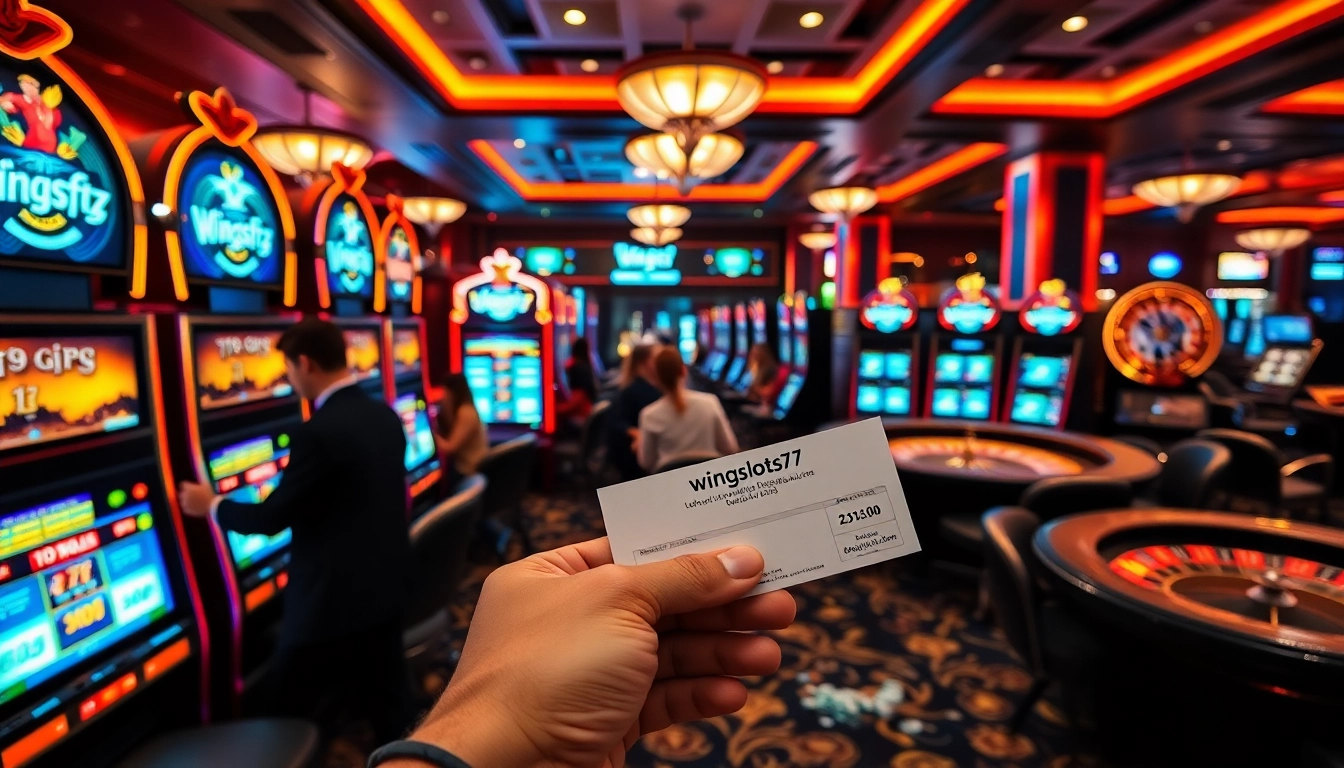Wingslots77 Login action scene with players celebrating wins at vibrant slot machines.