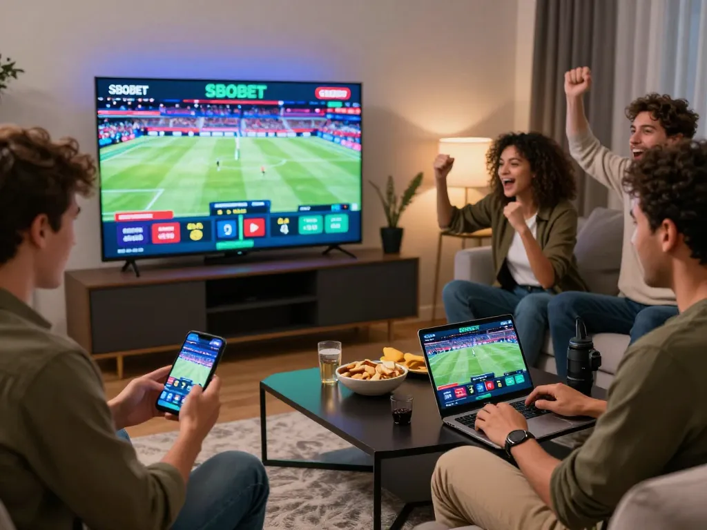 Friends enjoying SBOBET sports betting together in a vibrant living room.