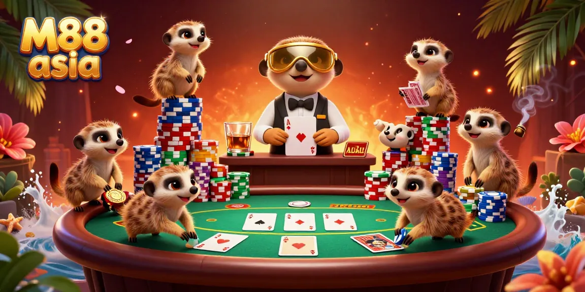 Experience M88 asia with a meerkat-themed casino, featuring card games and colorful poker chips.