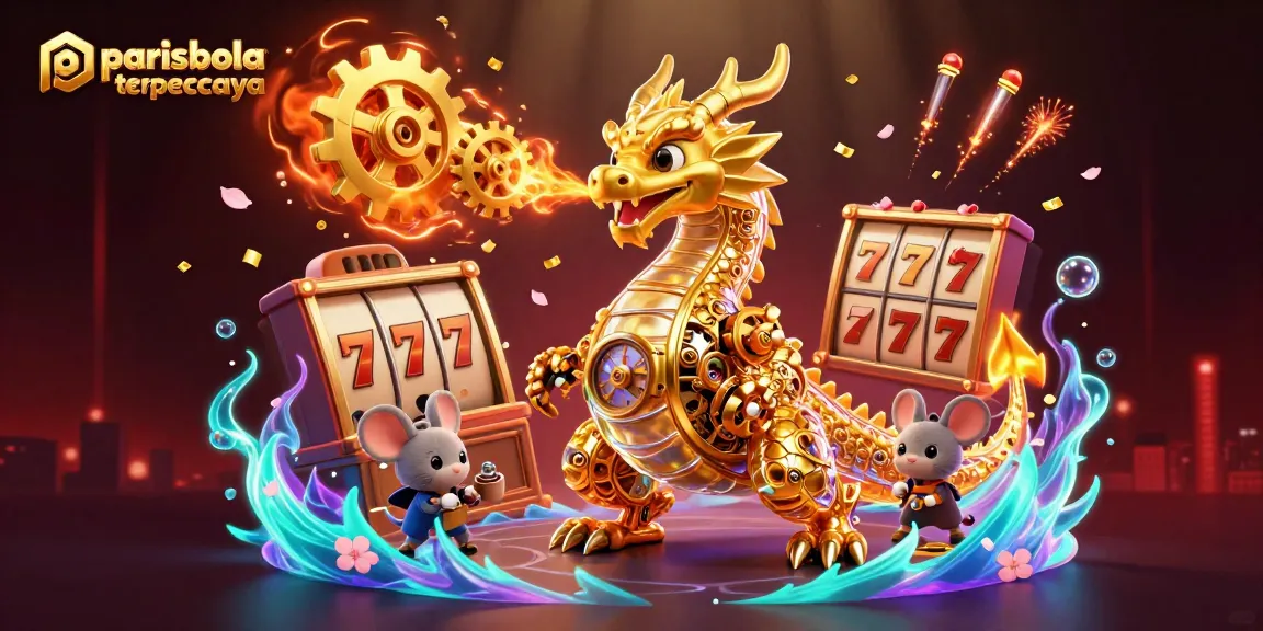 Experience the excitement of parisbola terpercaya with a vibrant 3D illustration featuring a golden dragon and dynamic slots.