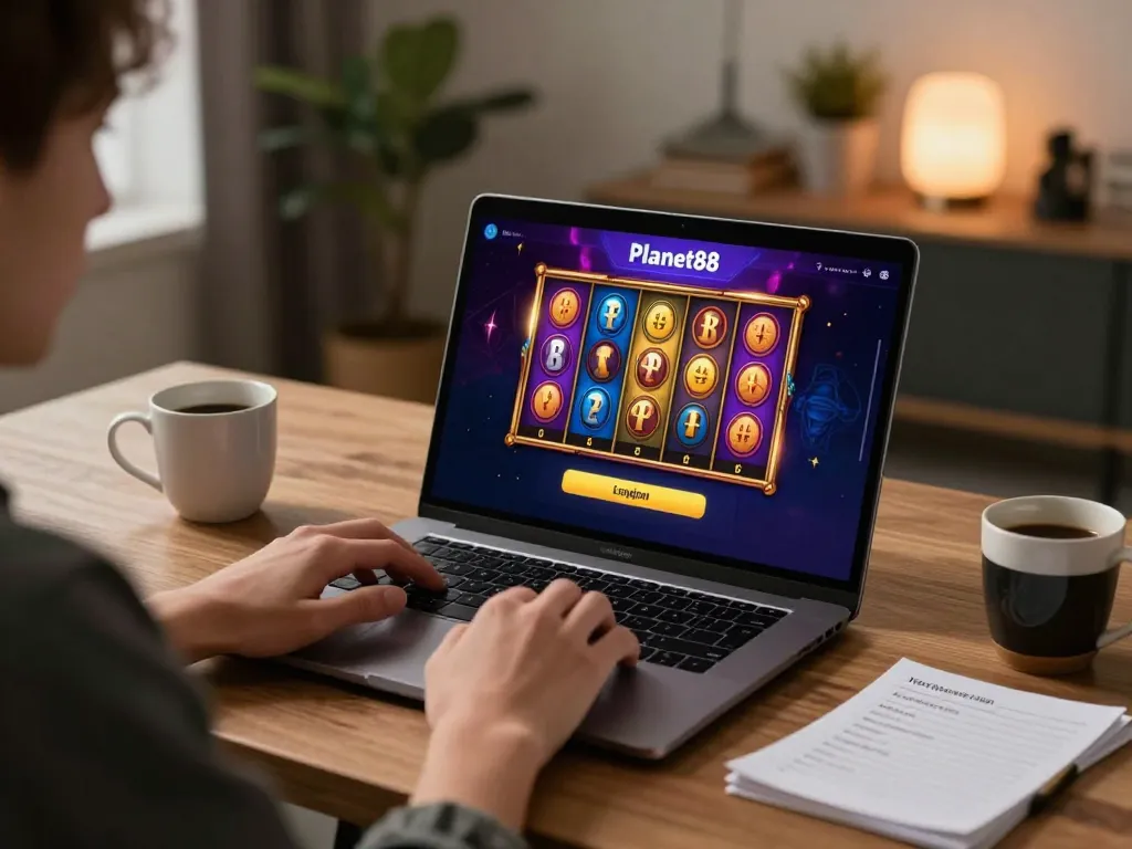 Engaging in mobile Planet88 login while playing exciting slot games at home.