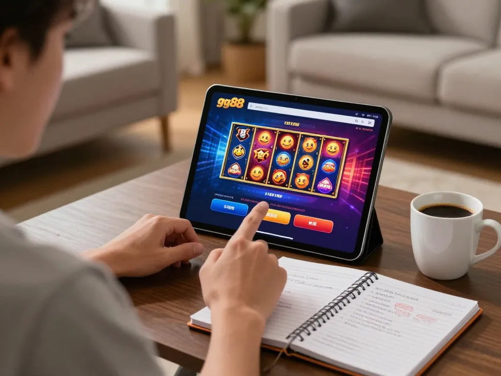 Engaging moment with a user accessing the link gg88 online casino on a tablet, showing exciting game interface.