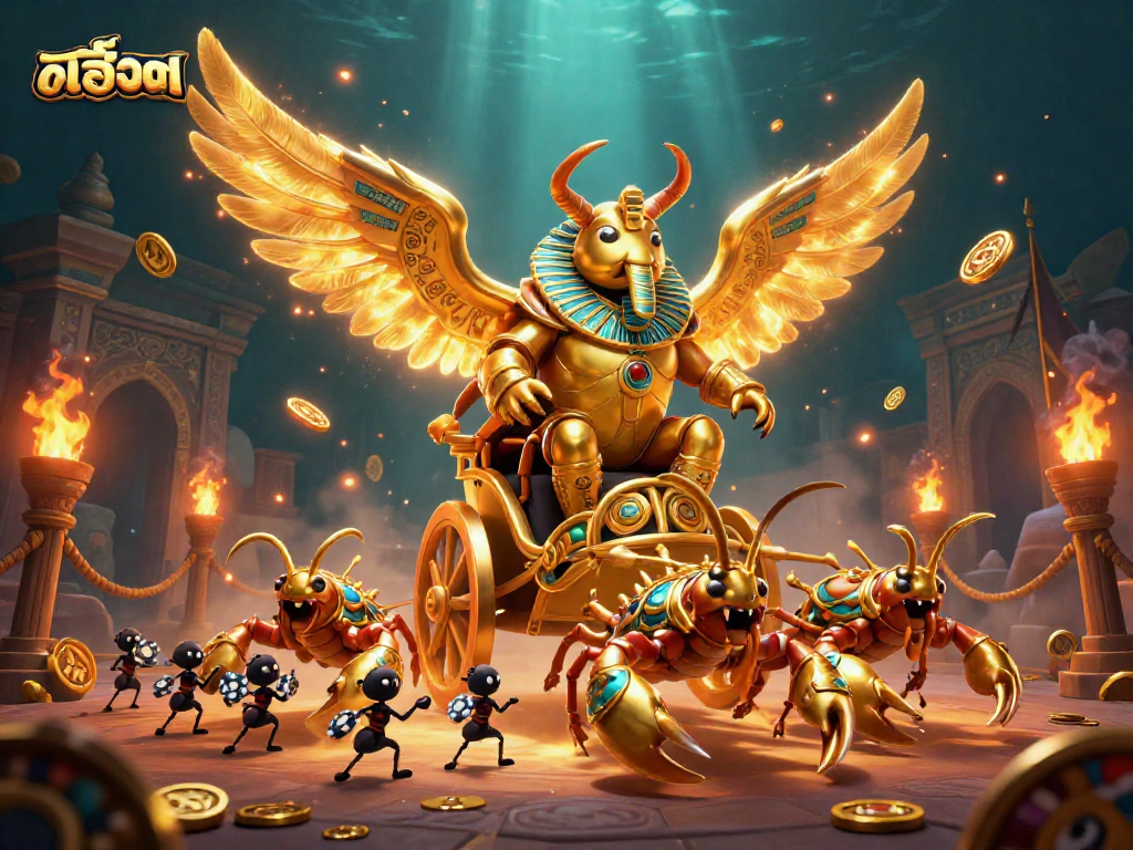 Experience the thrilling excitement of สล็อต with a golden scarab beetle leading jewel-encrusted scorpions in a dynamic casino battle scene.