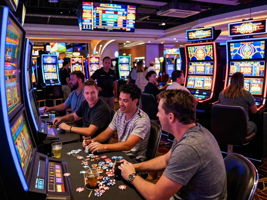 Group of players enjoying slot gacor games in a vibrant casino atmosphere with colorful lights and excitement