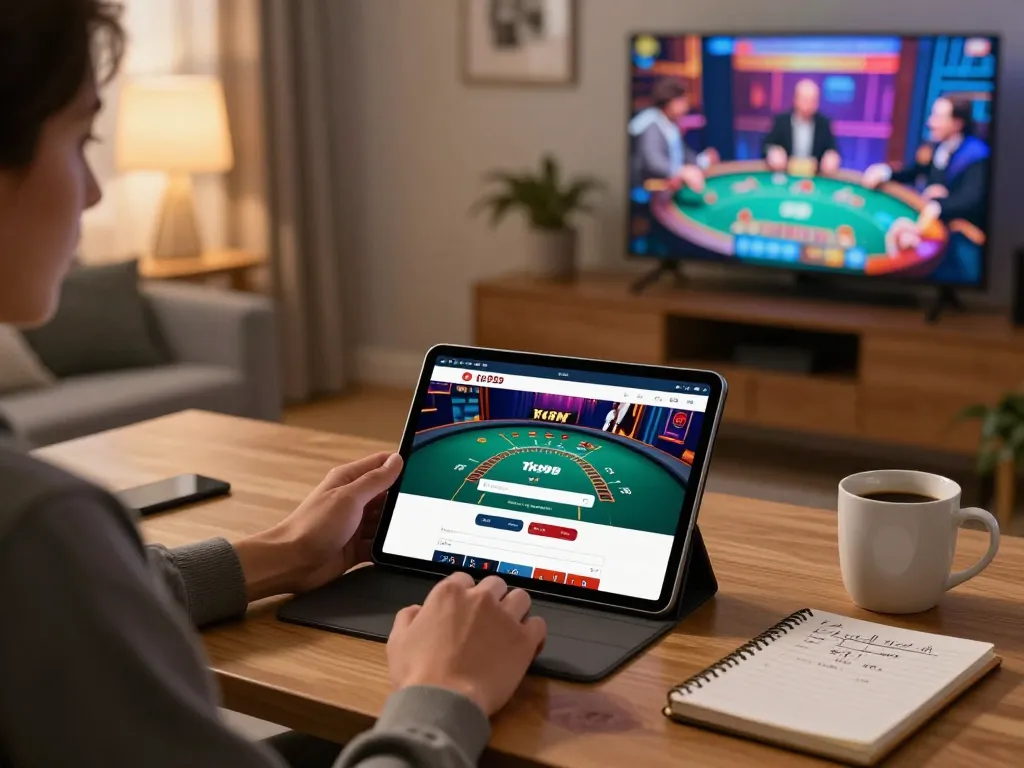 Player using tk999 login on tablet for a live dealer game, cozy home gaming setup.