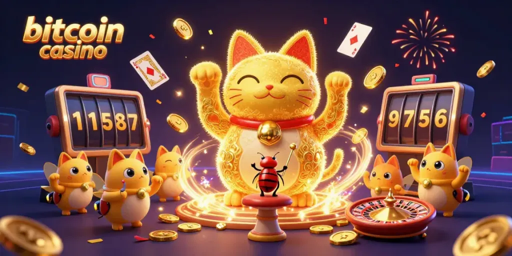 Engage with the vibrant world of a bitcoin casino featuring a golden lucky cat and casino elements.