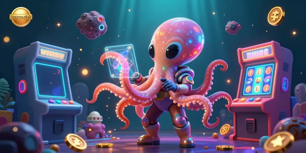 Janda4D dan karakter alien dari galaksi lain memainkan mesin slot di rooms-club, suasana kasino digital yang ceria.