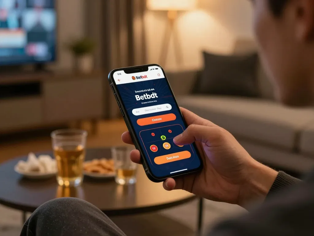 Player using Betbdt login on smartphone for live dealer gaming in a cozy setting