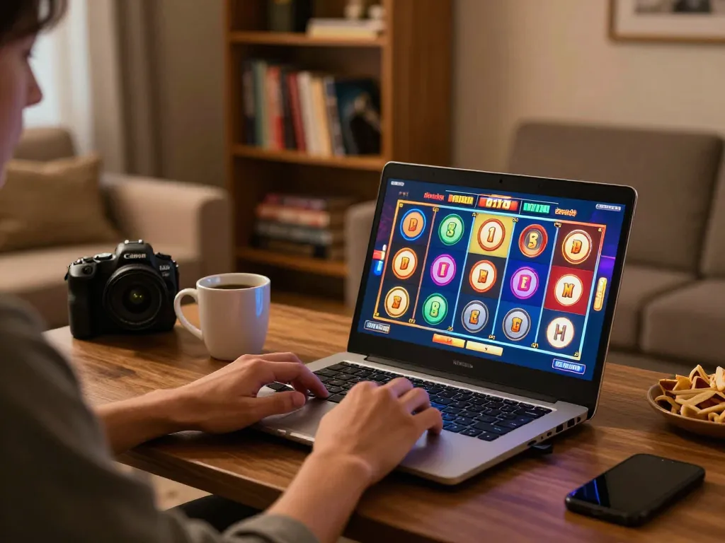 Engaging in online slot games on sc881 platform with vibrant screen and cozy home setting.