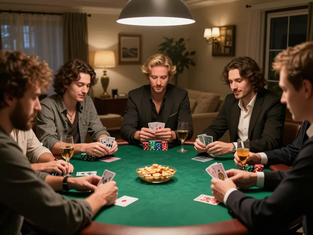 Engaging poker players strategizing their moves at bk8 home game night.