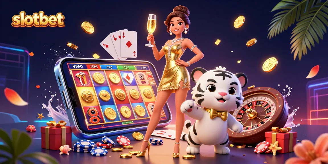 Play exciting games at slotbet with a glamorous woman and a lucky tiger, surrounded by casino elements.