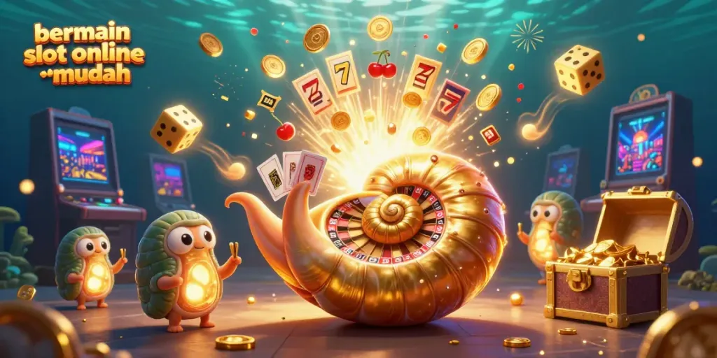 Menggambarkan pengalaman bermain slot online dengan mudah dengan mesin slot berkilau dan karakter unik dalam suasana kasino.