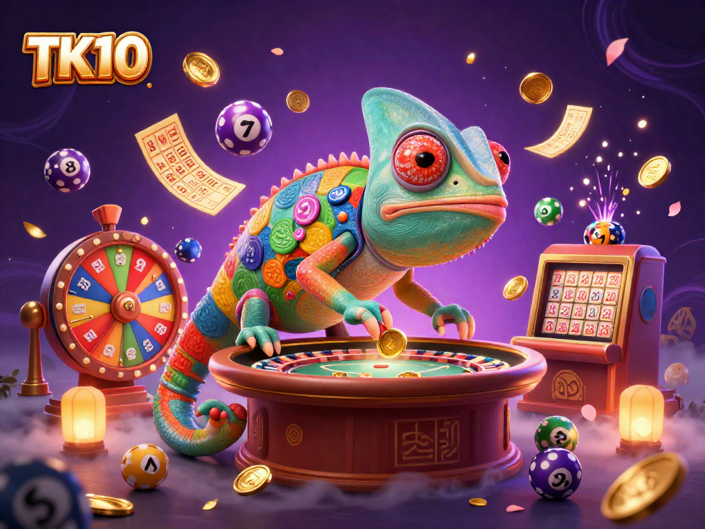 Engaging TK10 gambling illustration showcasing a colorful chameleon and lively casino elements, creating an exciting experience.