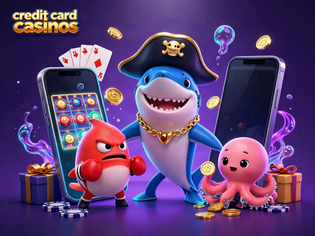 Engage with the vibrant scene of credit card casinos featuring a playful pirate shark, pufferfish, and treasure-holding octopus.