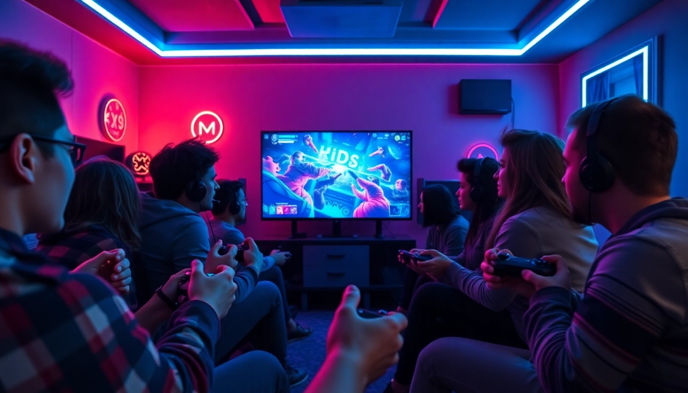 Engaged gamers enjoying a vibrant higame session with colorful graphics and controllers in hand.