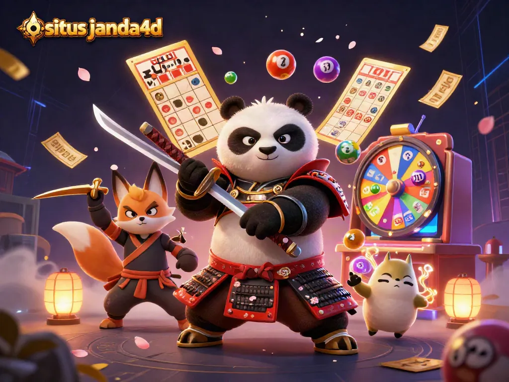Gambarlah situs janda4d dengan panda samurai, rubah ninja, dan tanuki magis dalam suasana lotre yang semarak.